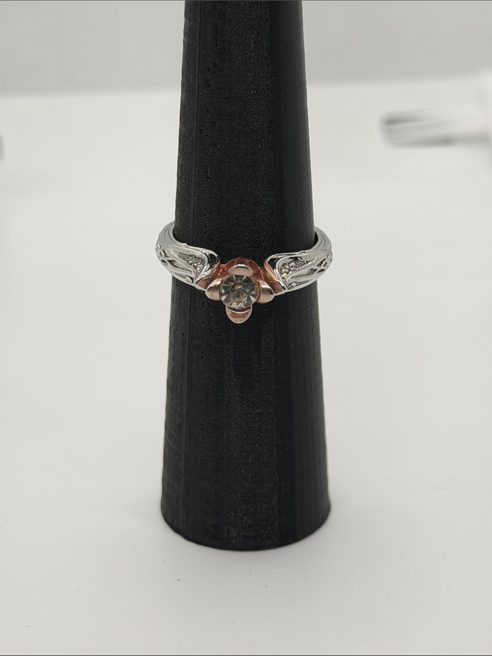 Sterling Silver Two-Tone Floral Solitaire Ring with Clear Stone size 9